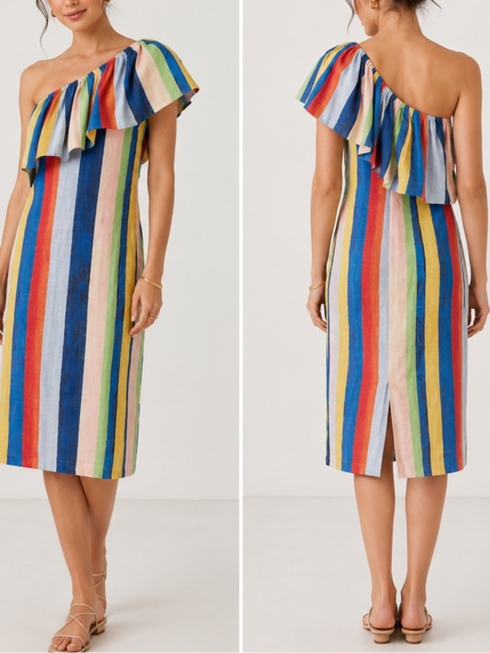 Mara Hoffman Ray Rainbow Stripe One-Shoulder Linen Midi Dress - Picture 1 of 9